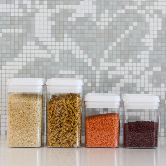 Four flip lock containers for pantry storage