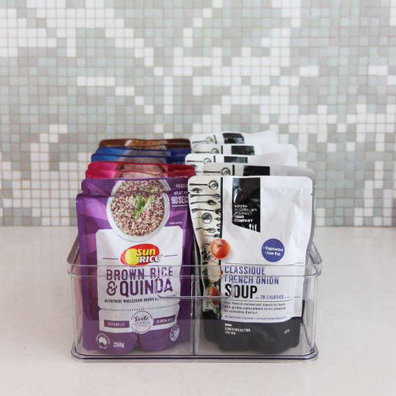 clear plastic divider tray holding several packets of rice