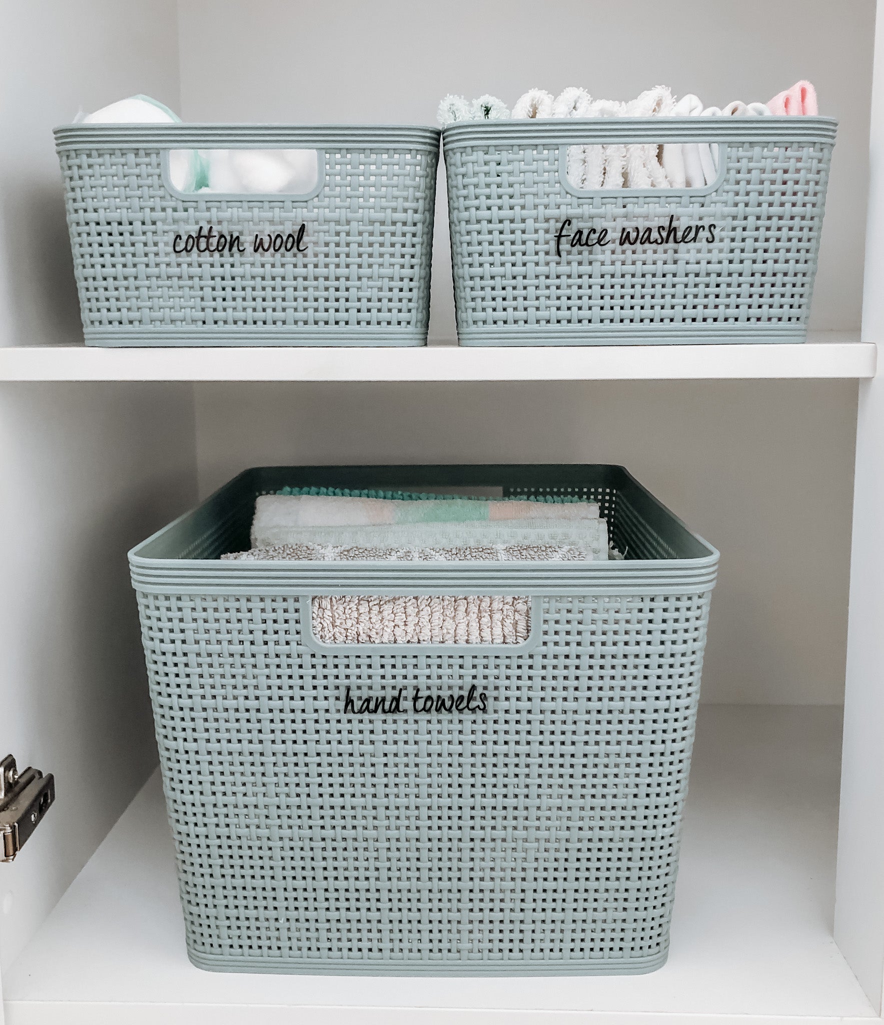 labeled storage baskets